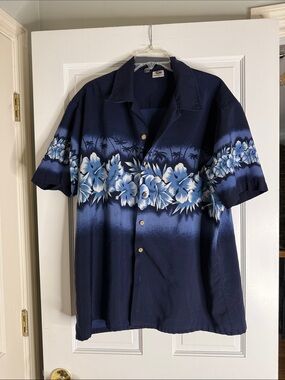 Kennington Navy Blue Floral Hawaiian Button-Down Shirt xl